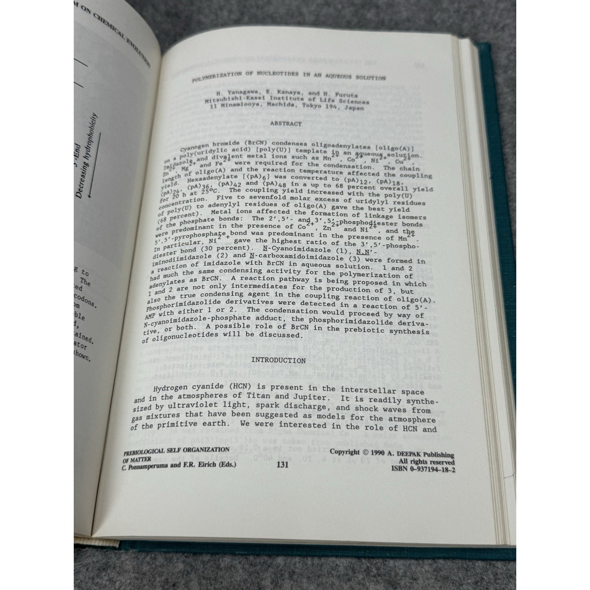 Prebiological Self Organization of Matter Ponnamperuma Chemical Evolution
