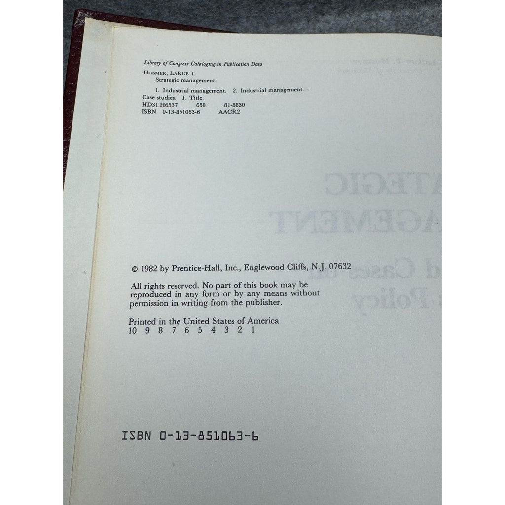 1982 Strategic Management Hosmer Business Policy Text Cases Vintage Hardcover