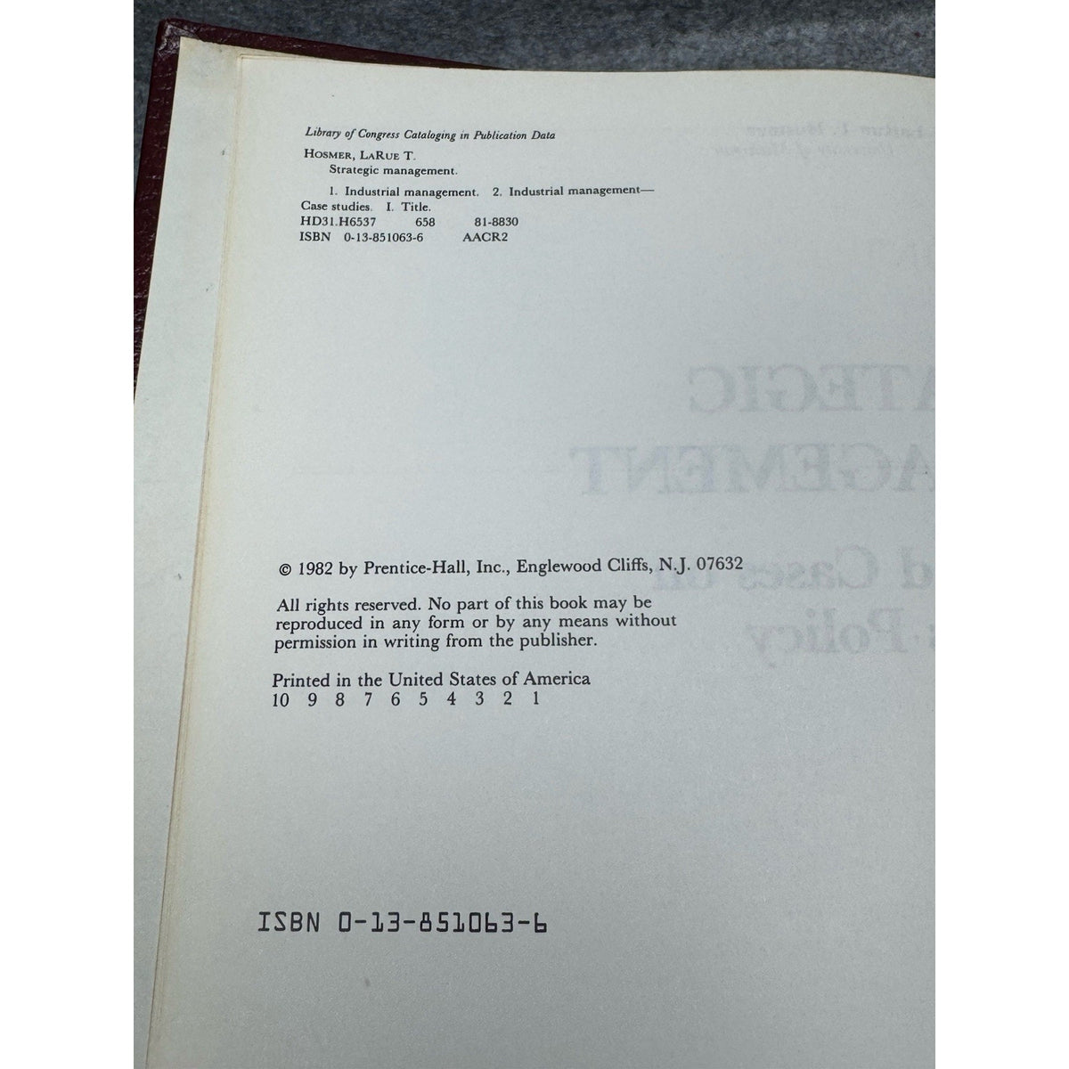 1982 Strategic Management Hosmer Business Policy Text Cases Vintage Hardcover
