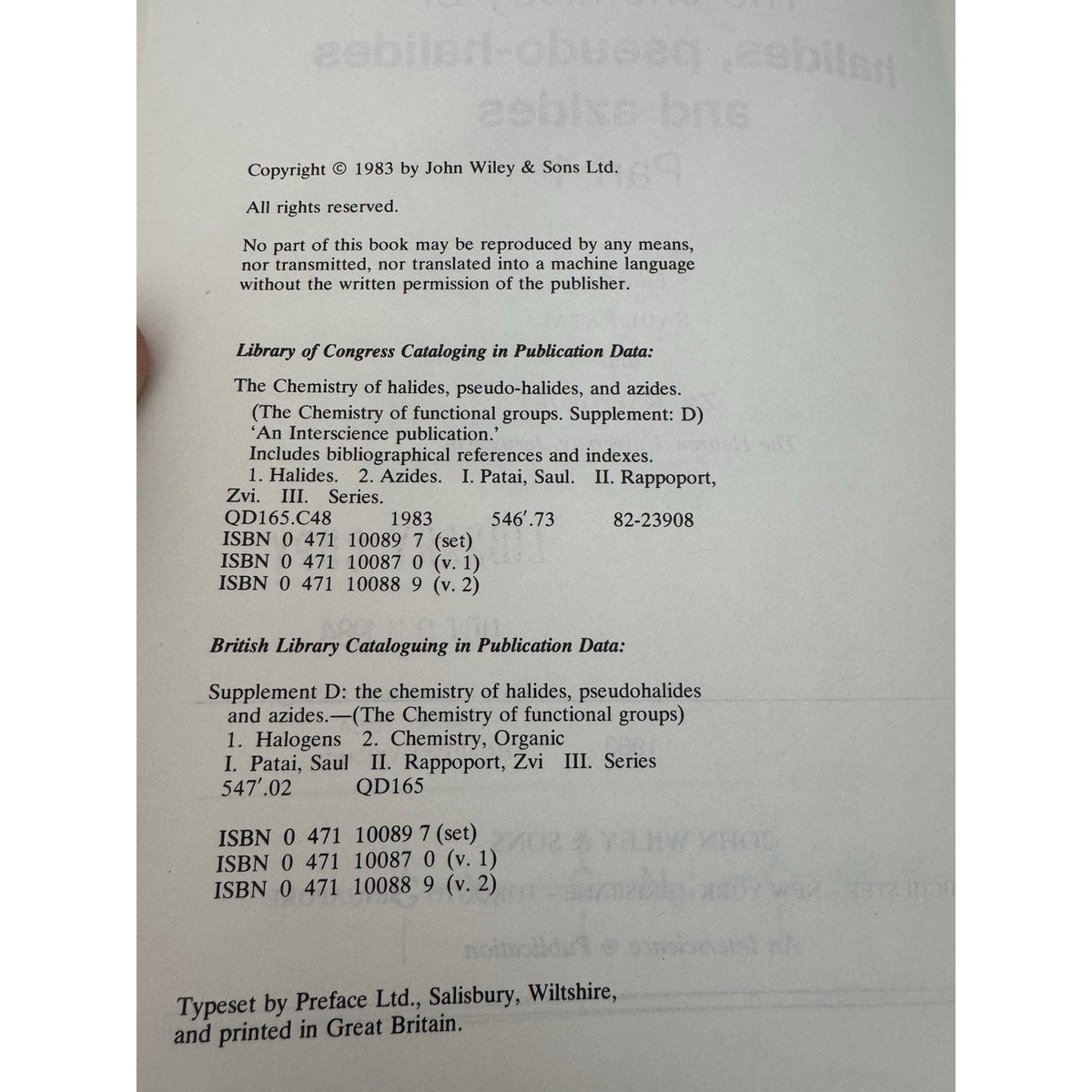 Chemistry of Halides Pseudohalides Azides 2 Vol Set 1983 HC Wiley