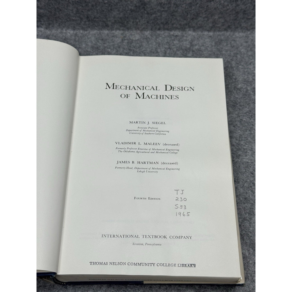 Mechanical Design of Machines 4th Ed 1968 Siegel Maleev Hartman HC DJ