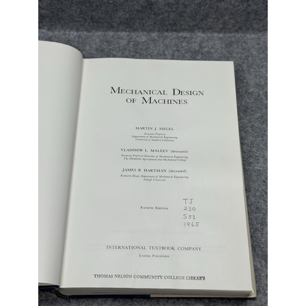 Mechanical Design of Machines 4th Ed 1968 Siegel Maleev Hartman HC DJ