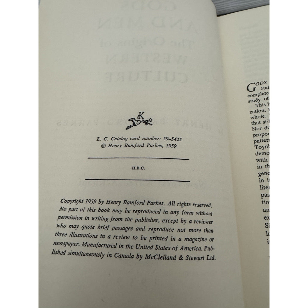 Gods and Men Origins of Western Culture Parkes 1959 HC Knopf