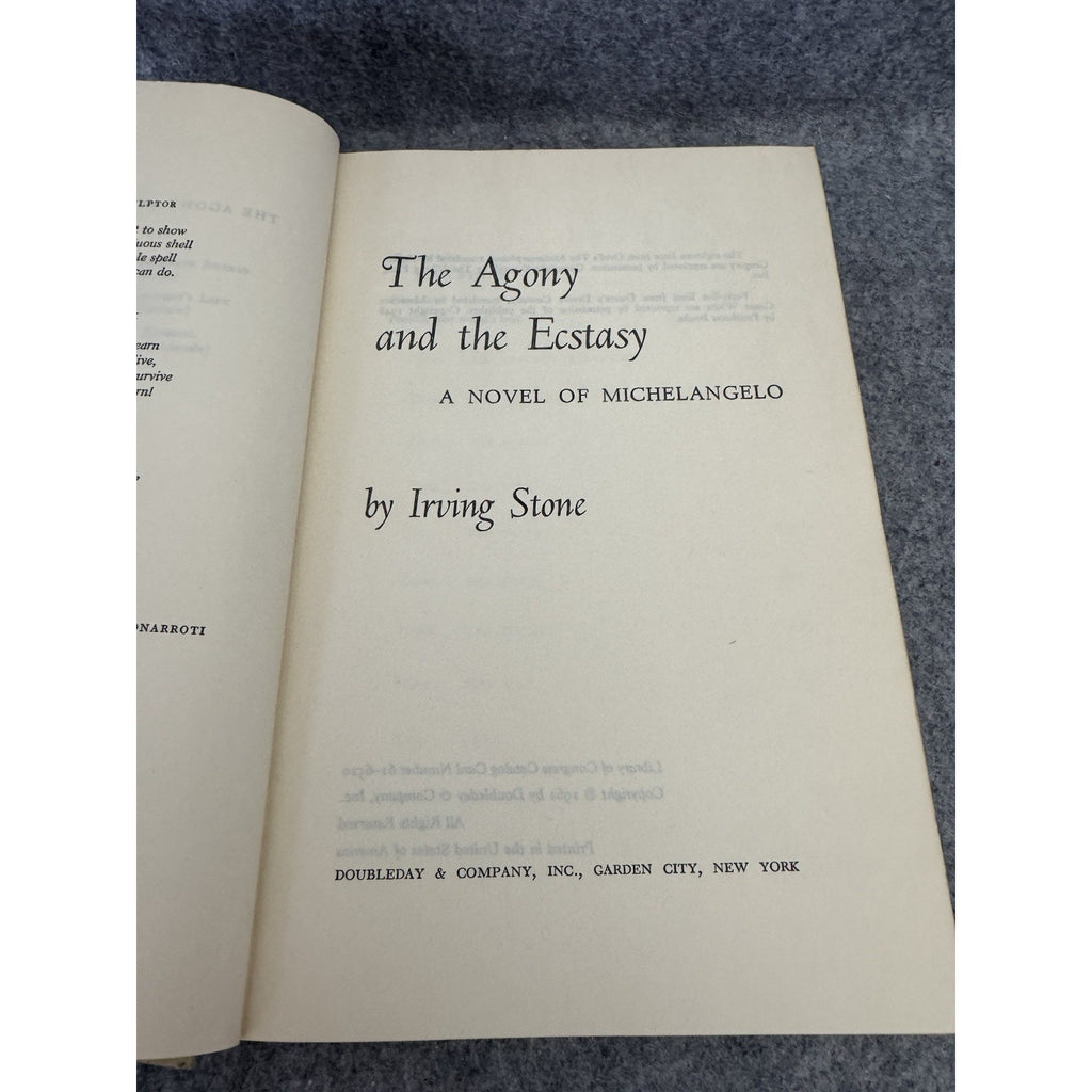 1961 The Agony and the Ecstasy Irving Stone HC Michelangelo Novel