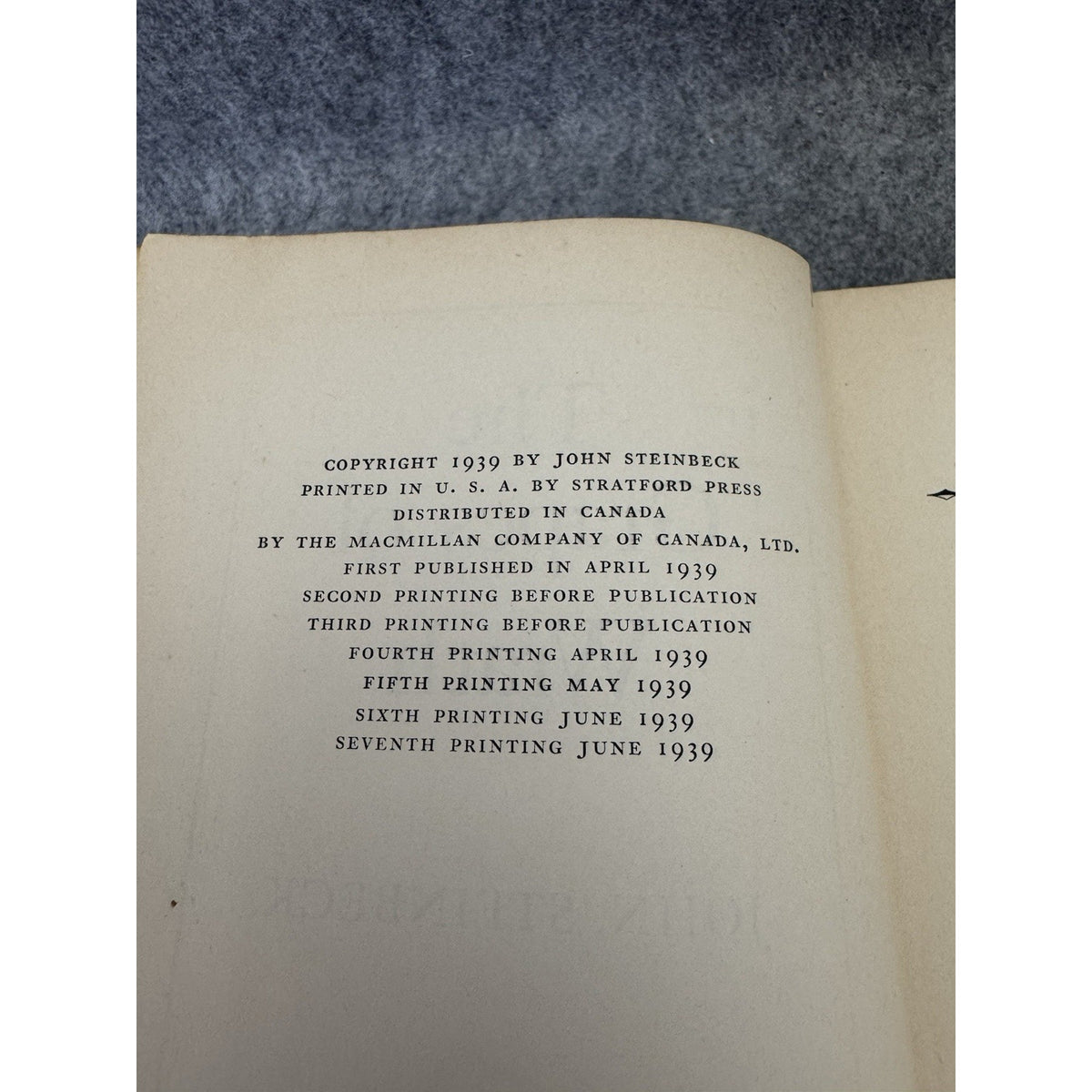 1939 The Grapes of Wrath John Steinbeck 7th Printing Viking Press HC