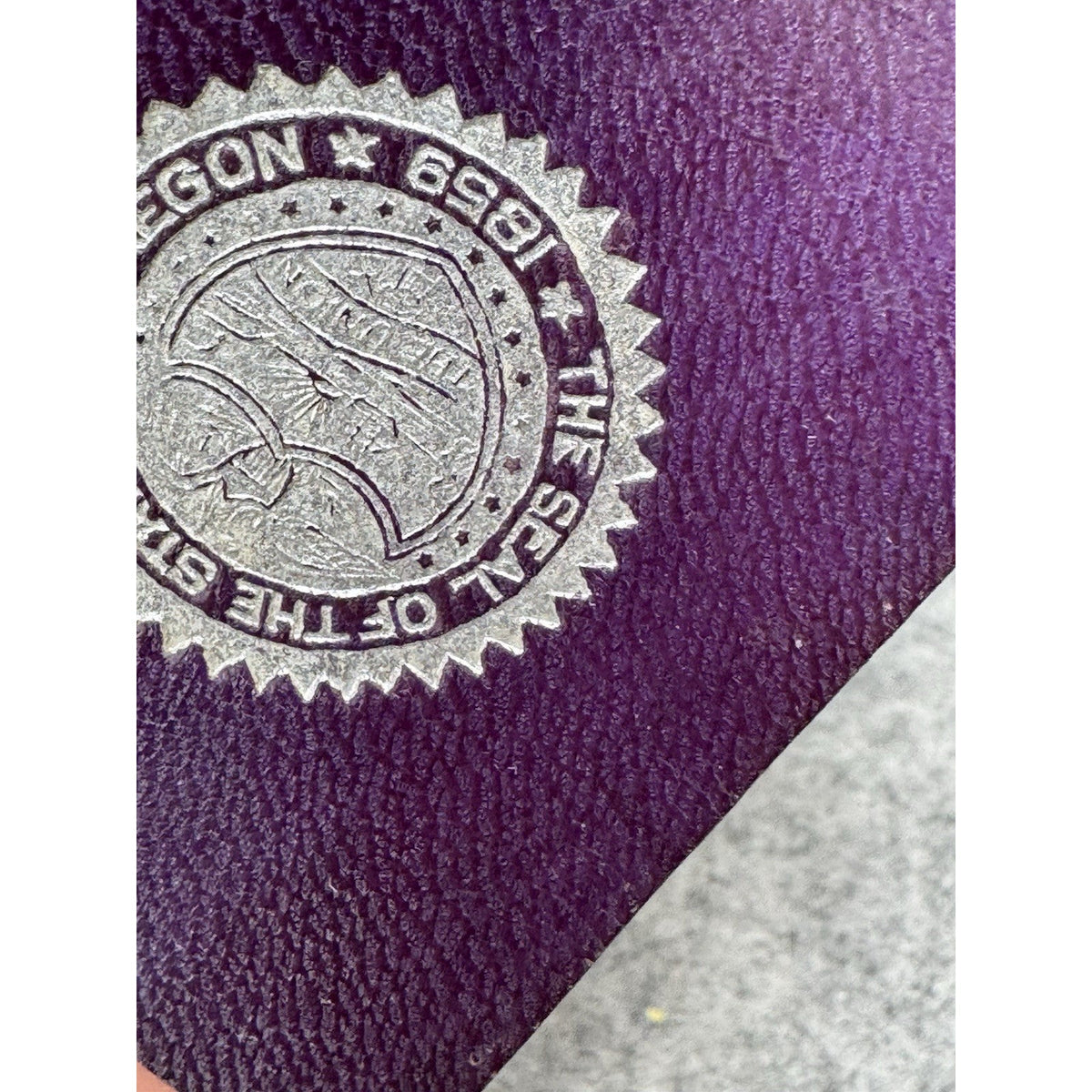 Vintage Oregon State Seal Purple Leather Silver Stamped Emblem 2.5 x 2 Inches