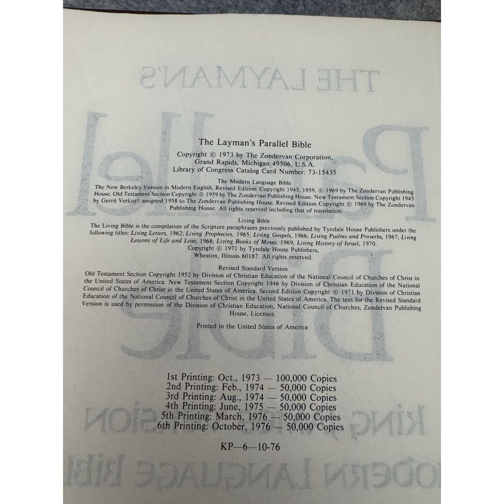 1976 Layman’s Parallel Bible KJV Living RSV Modern Language Hardcover Zondervan