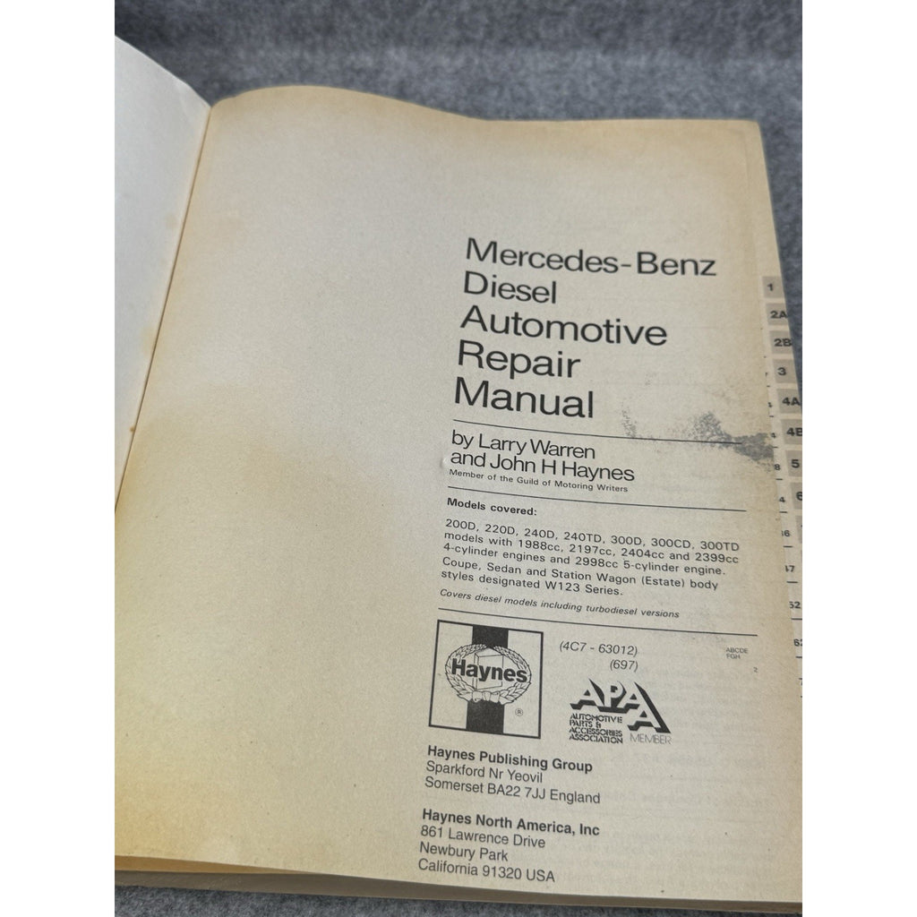 1987 Haynes Mercedes-Benz Diesel W123 1976-1985 Repair Manual 240D 300D 300TD