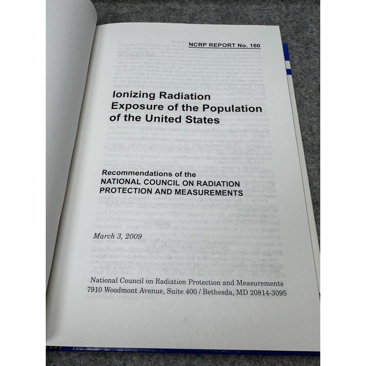 NCRP Report 160 Ionizing Radiation Exposure US Population 2009 Hardcover