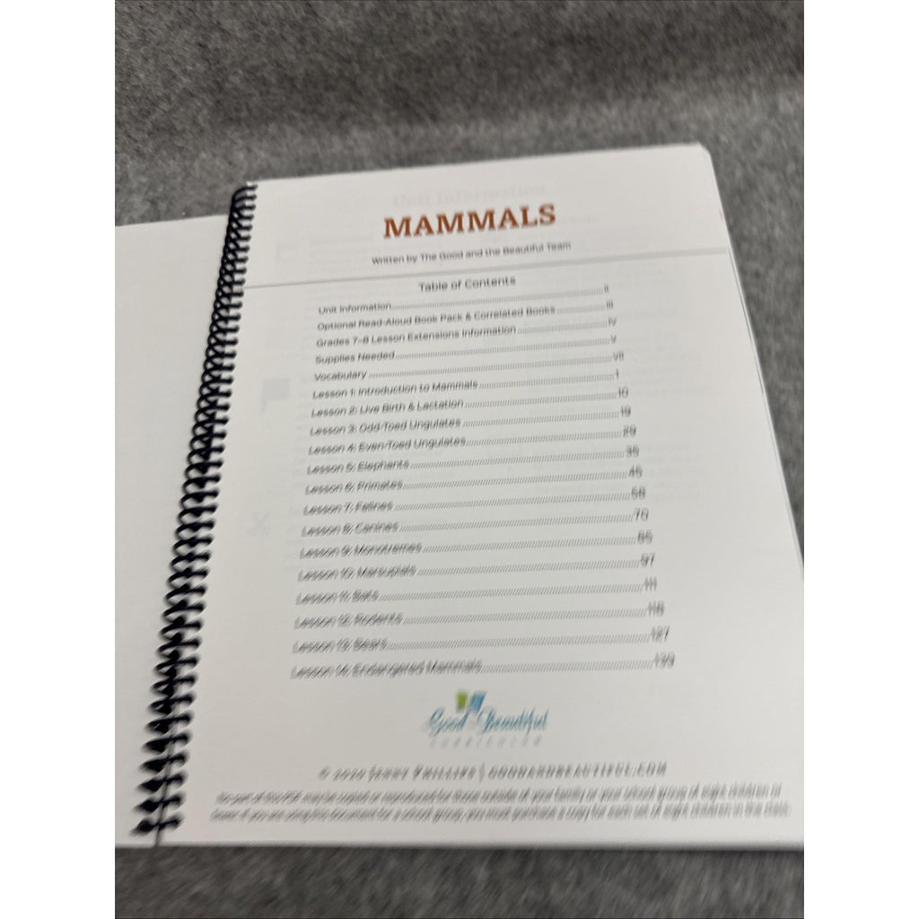 The Good And The Beautiful Mammals K-8 Science Unit Spiralbound Book