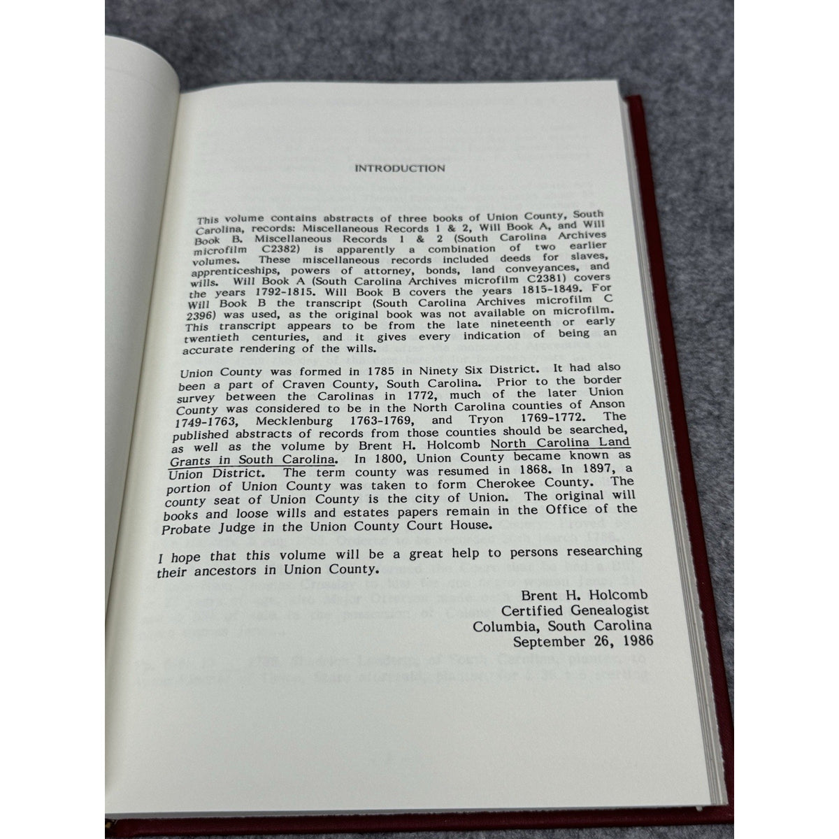 Union County South Carolina Will Abstracts 1787-1849 Holcomb Genealogy HC