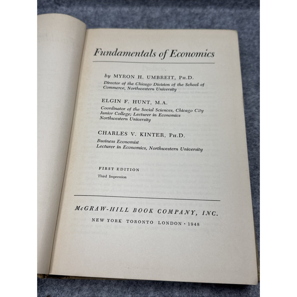 Fundamentals Of Economics Umbreit Hunt Kinter 1948 1st Edition HC McGraw-Hill