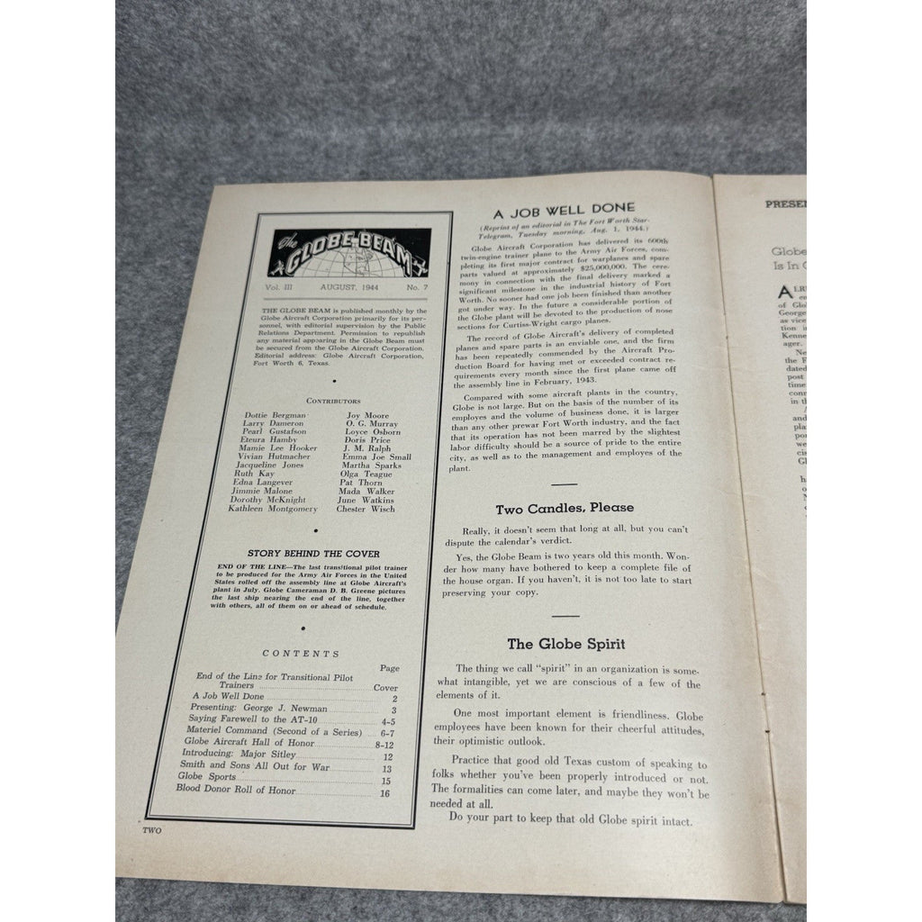 1944 Globe Beam August WWII Aircraft Magazine AT-10 Final Production Fort Worth