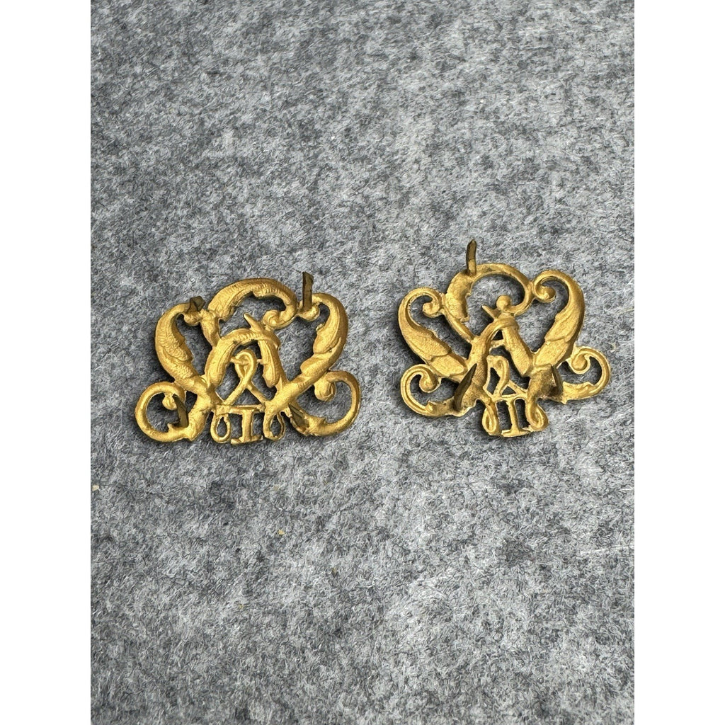 Russian Style Imperial Cypher Insignia Pair Gold Tone Monogram Uniform Fittings