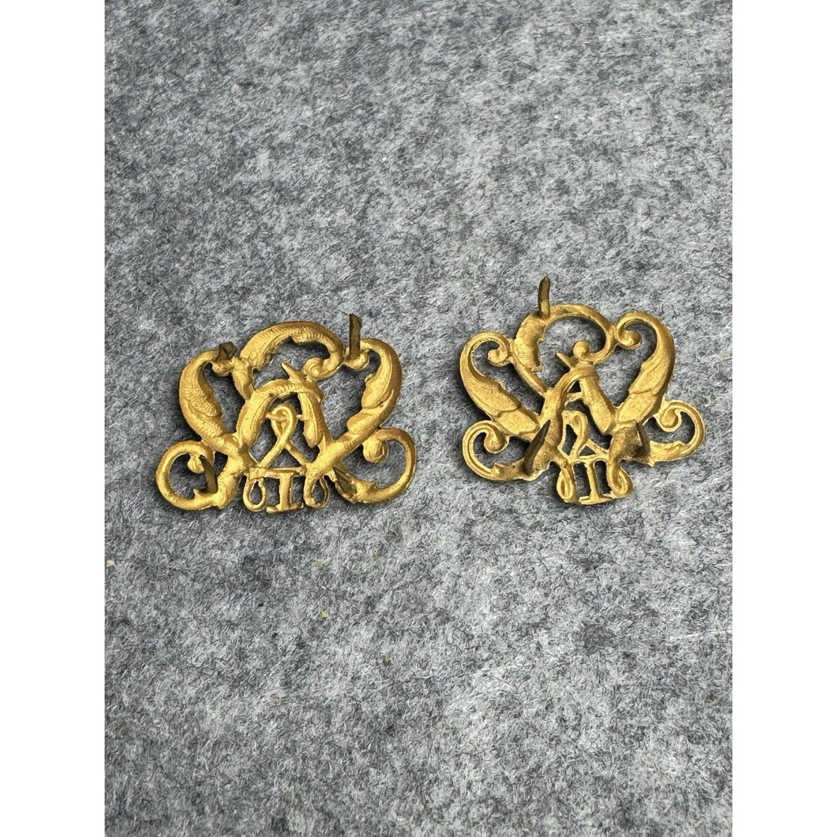 Russian Style Imperial Cypher Insignia Pair Gold Tone Monogram Uniform Fittings