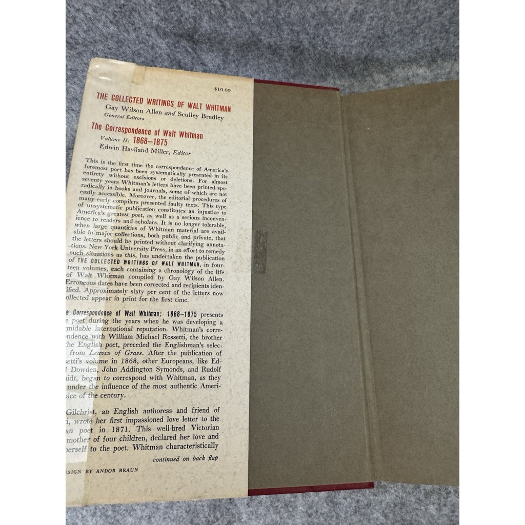 Walt Whitman Correspondence Vol II 1868-1875 HC DJ 1961 NYU Press