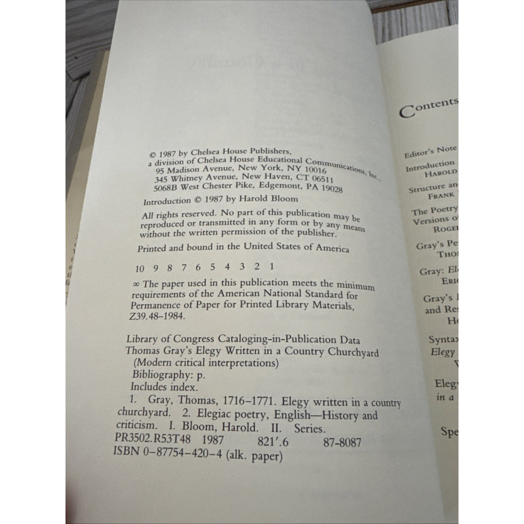 Elegy Written in a Country Churchyard Gray Bloom 1987 Literary Criticism Chelsea