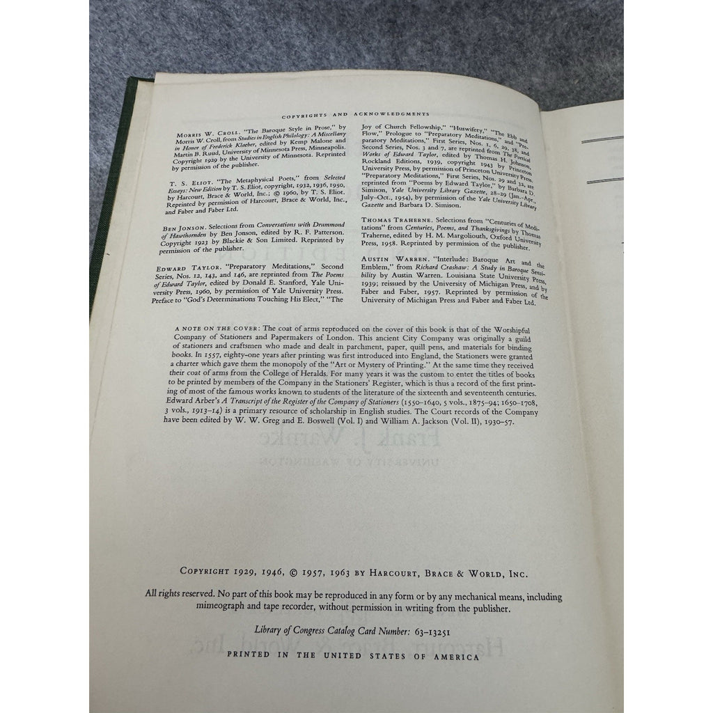 Seventeenth-Century Prose and Poetry 2nd Ed 1963 HC Witherspoon Warnke