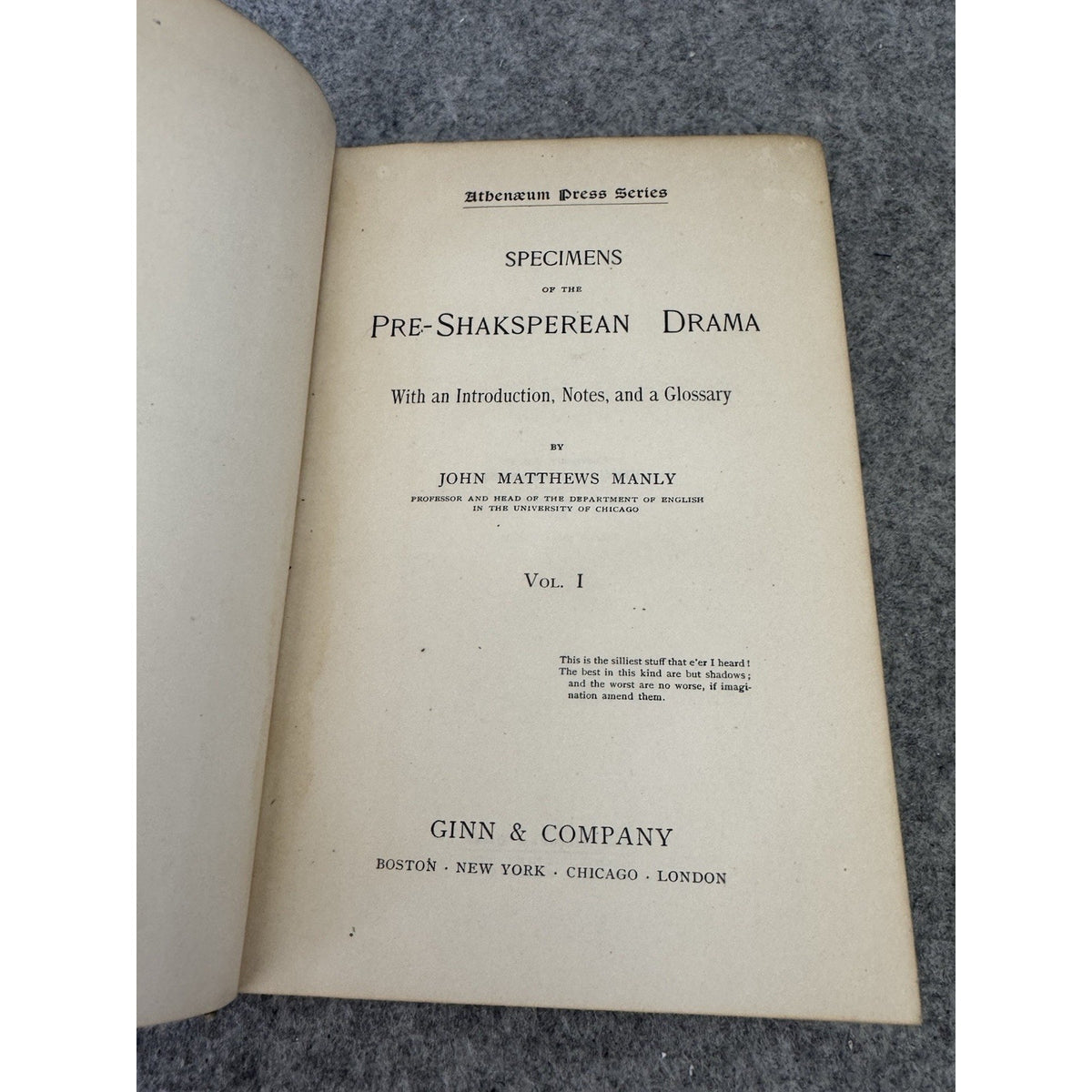 1897 Specimens of the Pre-Shaksperian Drama 2 Vol Set John M Manly HC