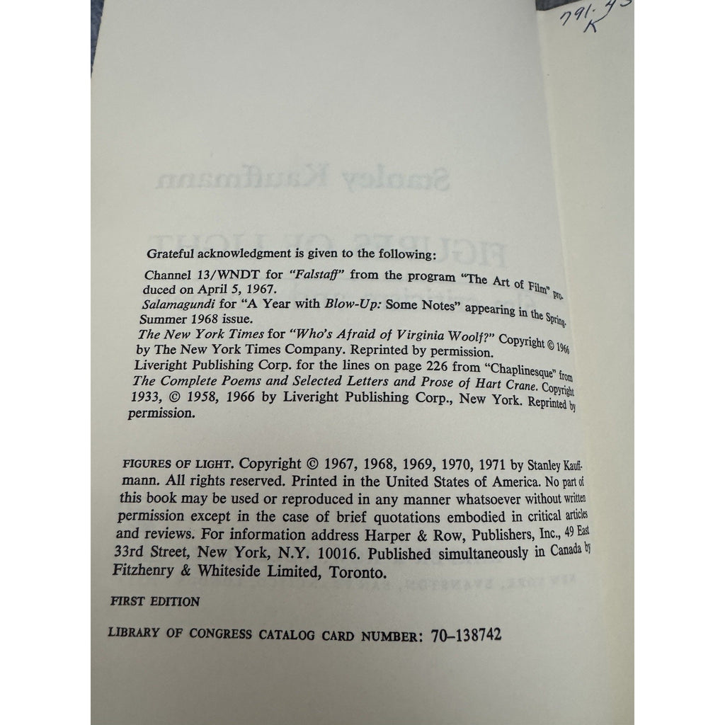 Stanley Kauffmann Figures of Light Film Criticism & Comment 1st Edition HC DJ