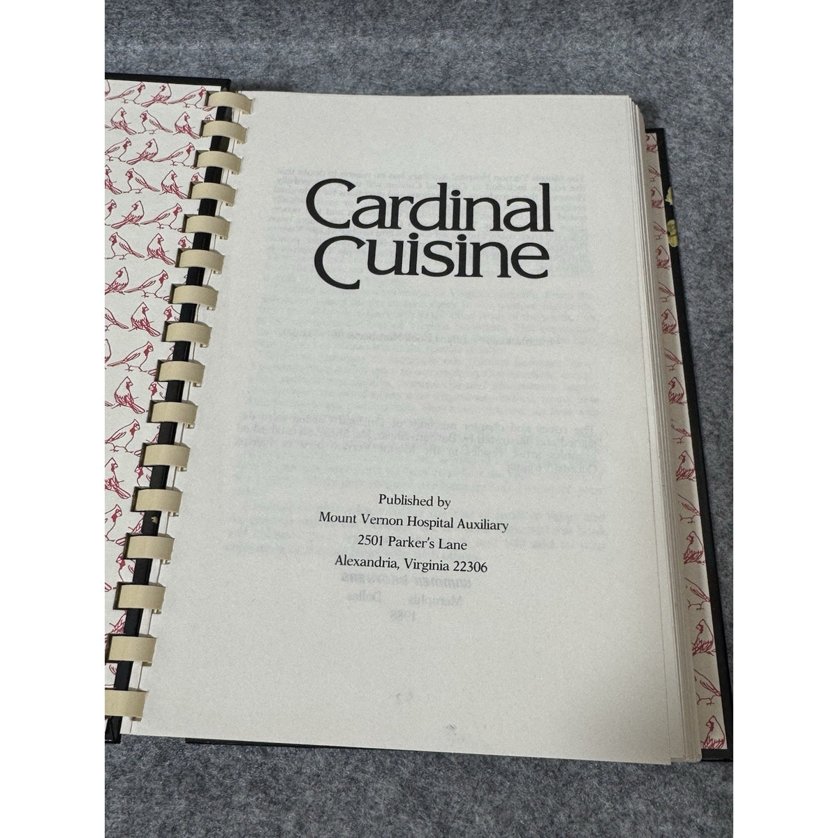 Cardinal Cuisine Cookbook 1988 Mount Vernon Hospital Auxiliary Spiral Cookbook