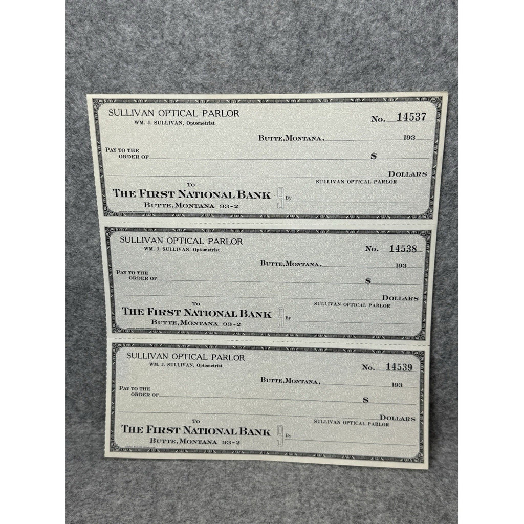 1930s Butte Montana Sullivan Optical Parlor Unused Bank Checks Sheet of 3