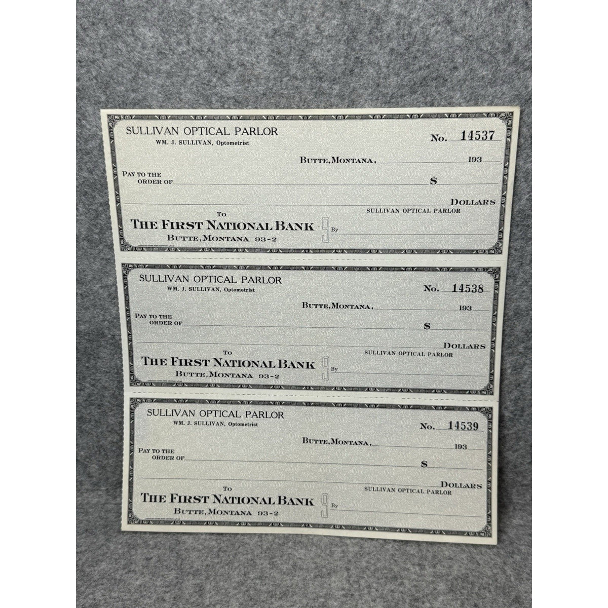 1930s Butte Montana Sullivan Optical Parlor Unused Bank Checks Sheet of 3