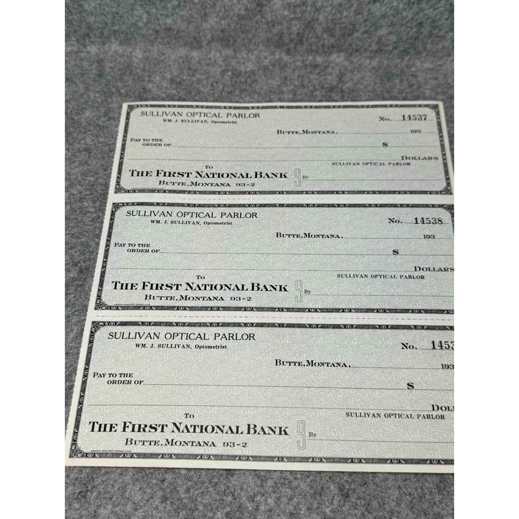 1930s Butte Montana Sullivan Optical Parlor Unused Bank Checks Sheet of 3