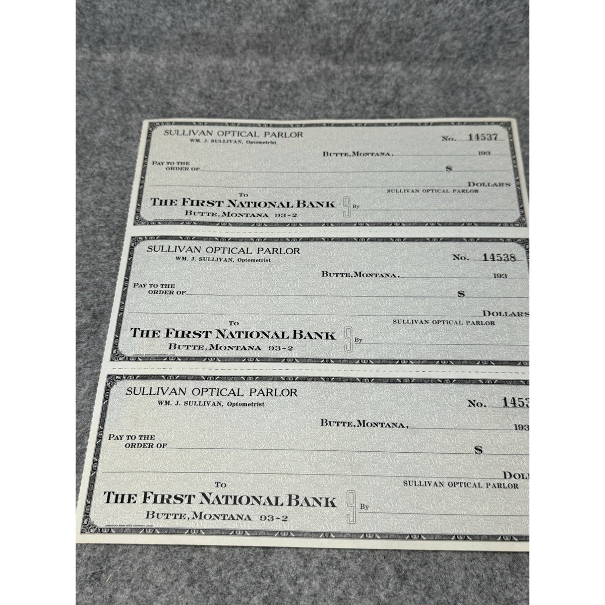 1930s Butte Montana Sullivan Optical Parlor Unused Bank Checks Sheet of 3