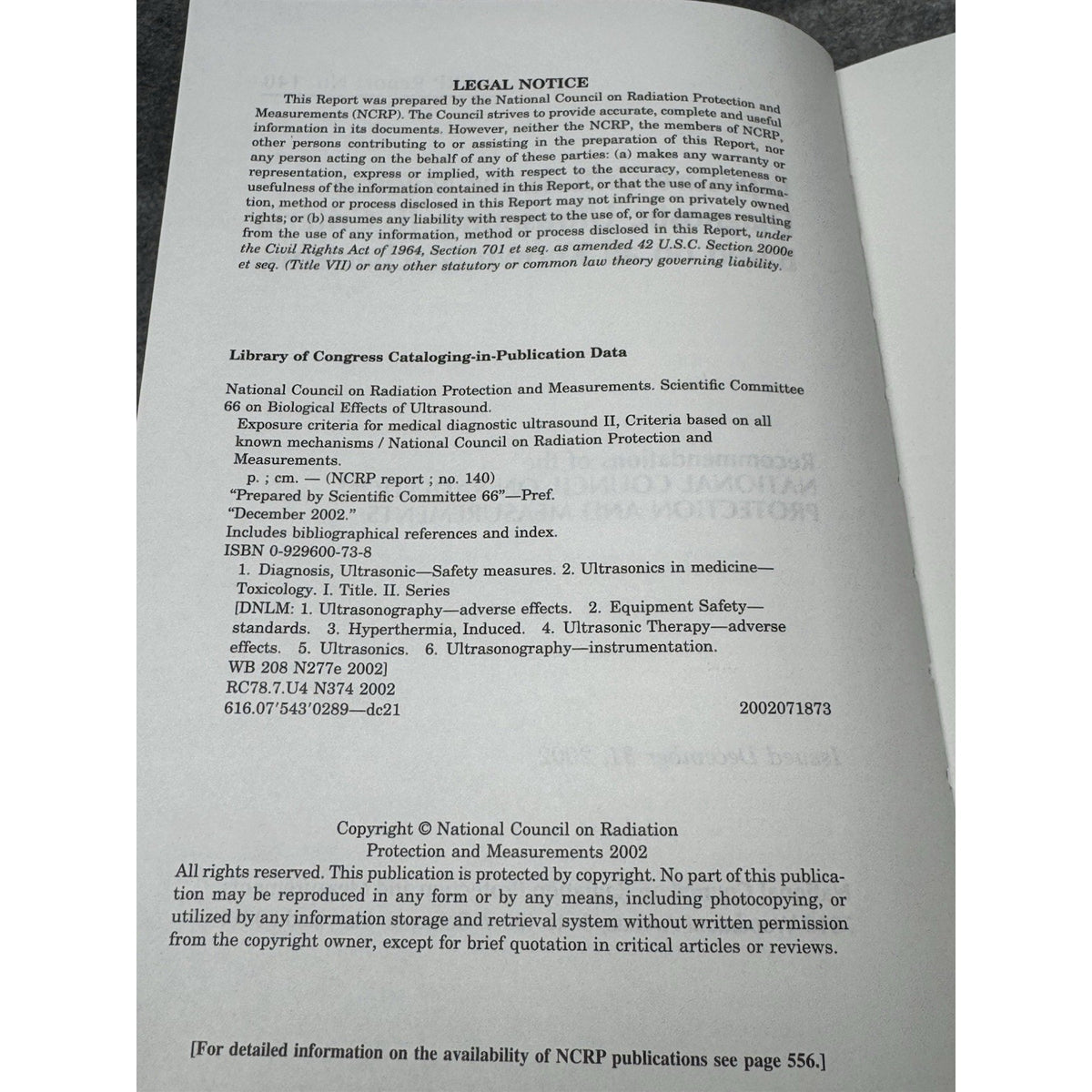 NCRP Report 140 Medical Diagnostic Ultrasound Exposure Criteria 2002