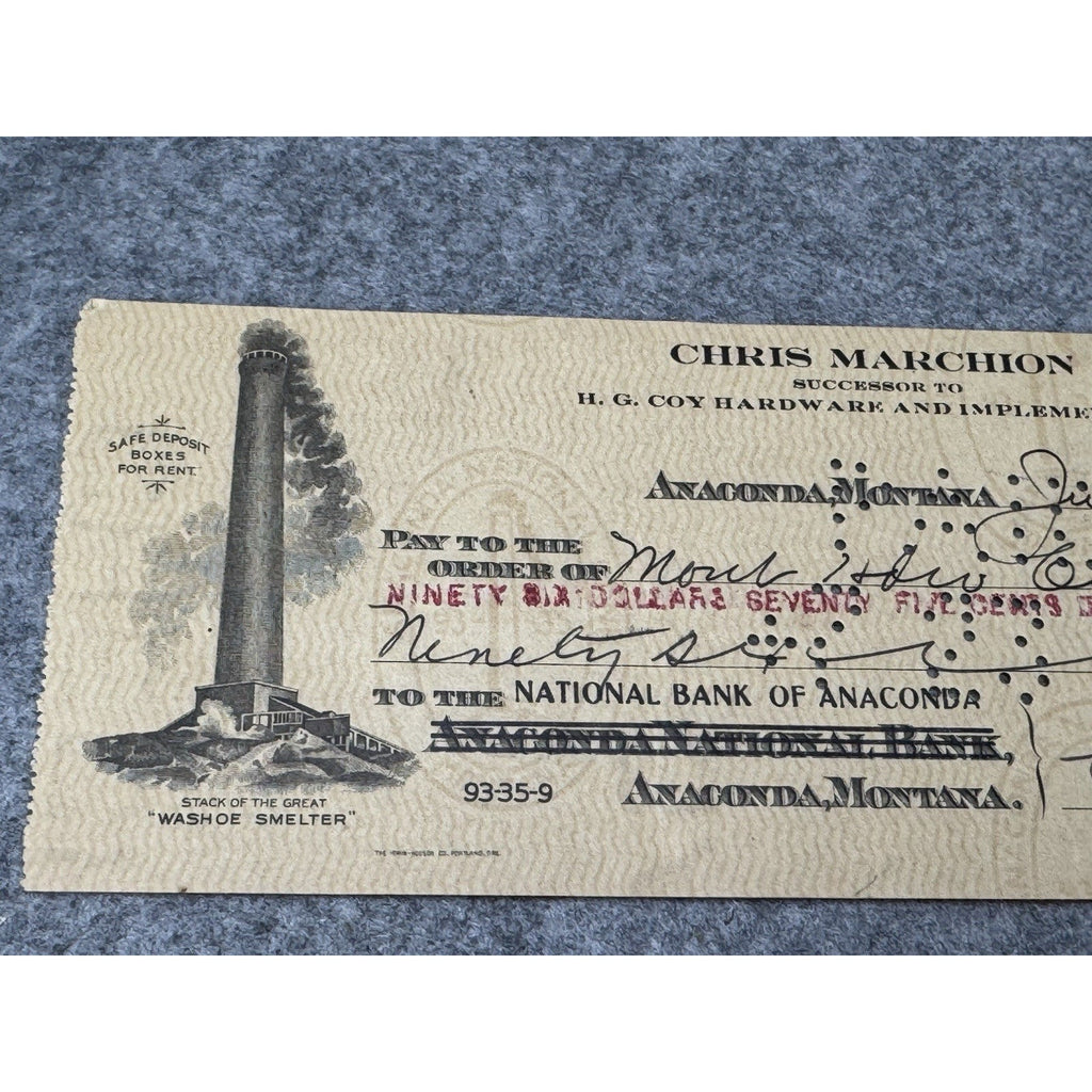 1926 Anaconda Montana Bank Check Washoe Smelter Chris Marchion Hardware