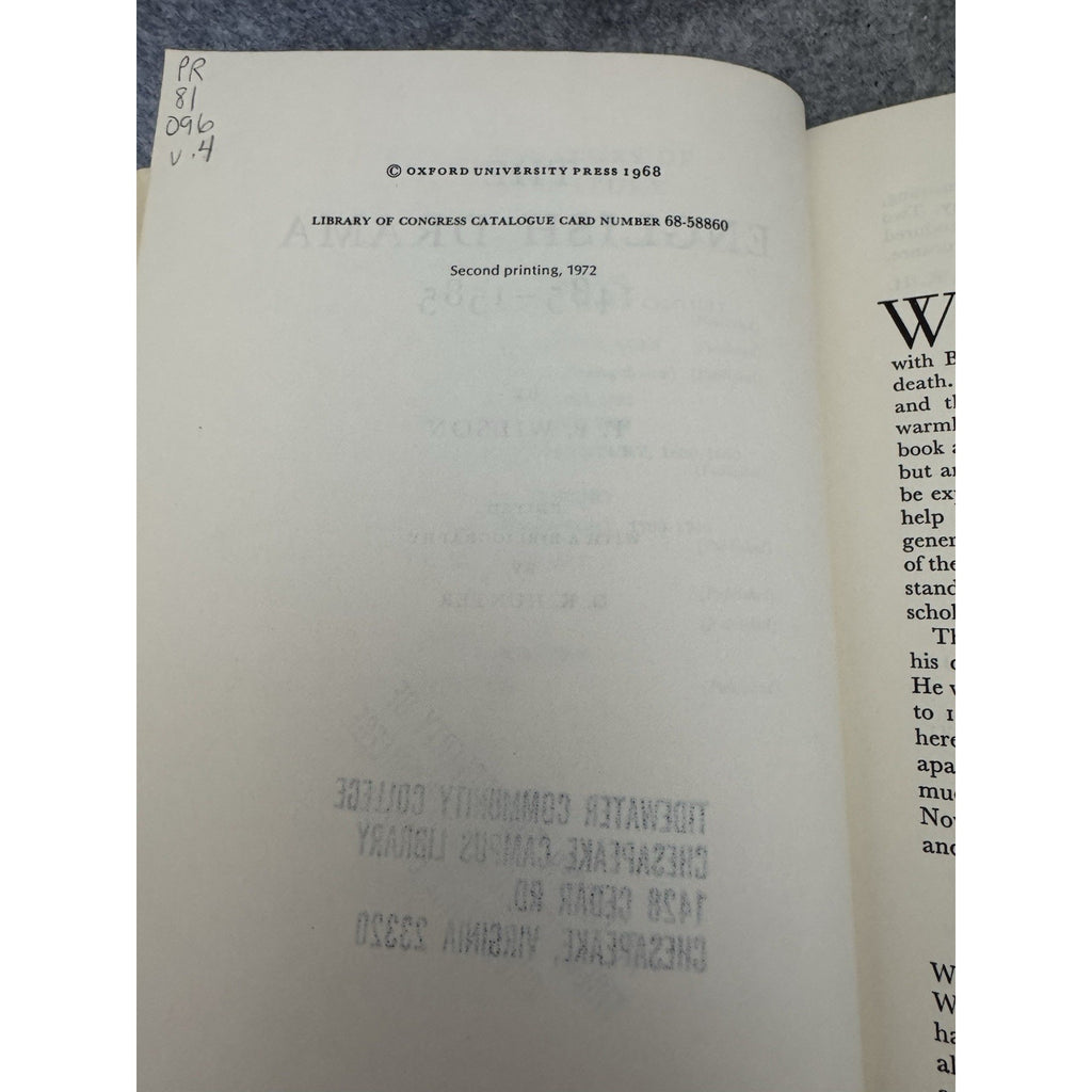 The English Drama 1485-1585 1972 HC Oxford History F.P. Wilson DJ