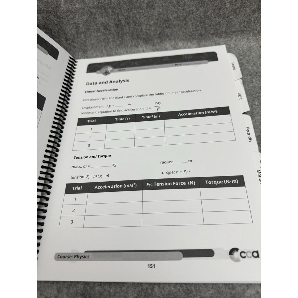 CCA Physics Notebook Spiral Workbook Tabs