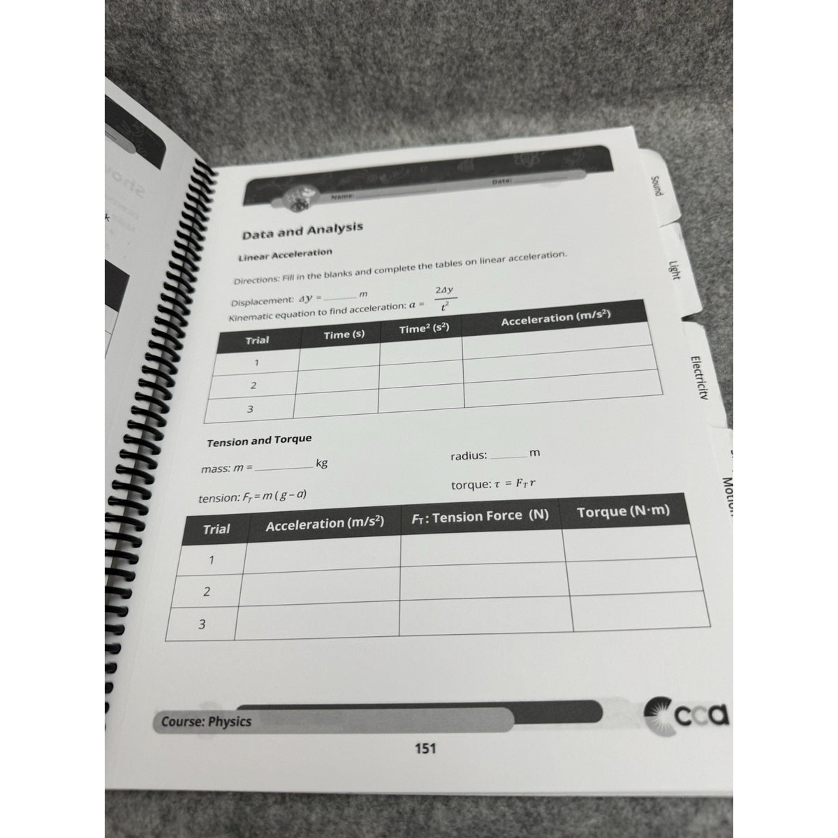 CCA Physics Notebook Spiral Workbook Tabs