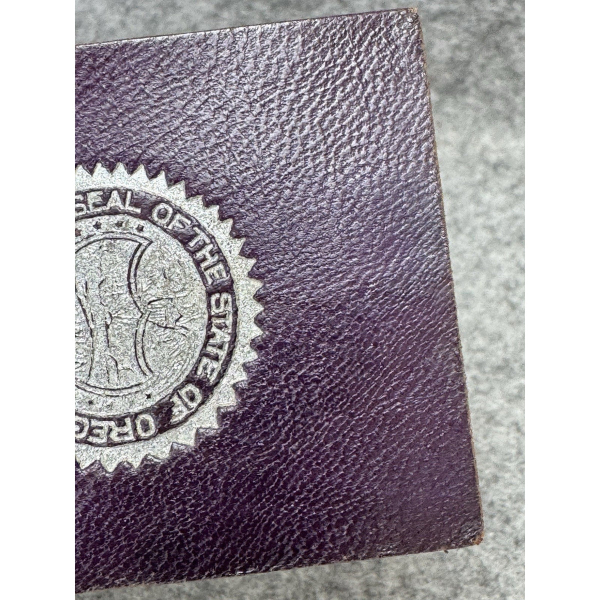 Vintage Oregon State Seal Purple Leather Silver Stamped Emblem 2.5 x 2 Inches