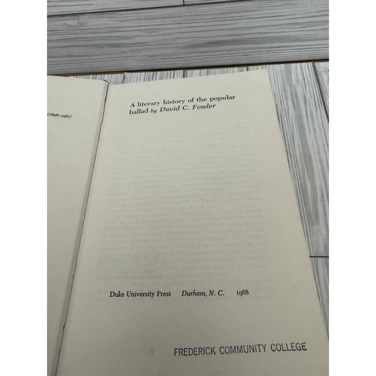 A Literary History of the Popular Ballad Fowler 1968 HC Duke Univ Press