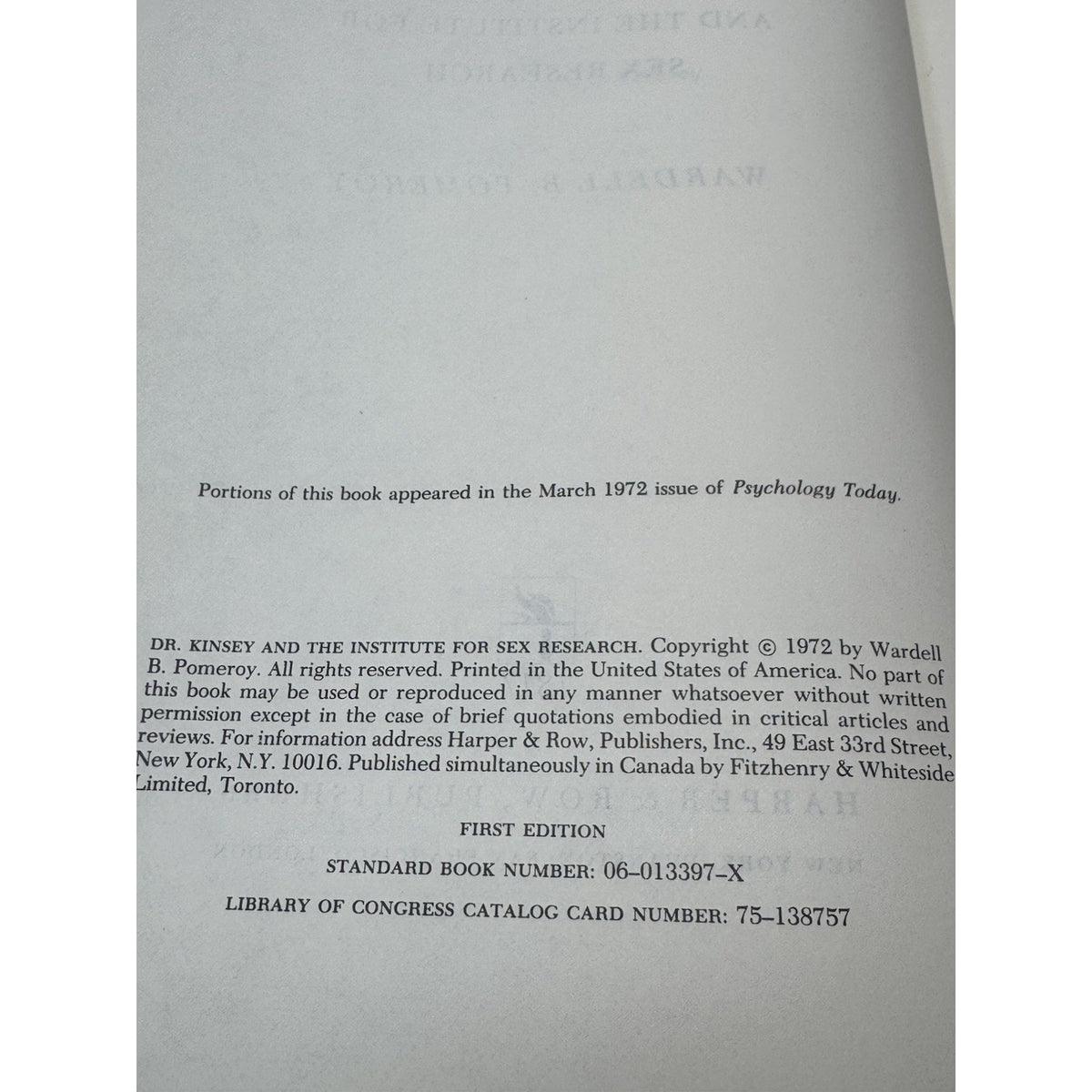 1972 Dr Kinsey Institute for Sex Research Pomeroy First Edition Hardcover