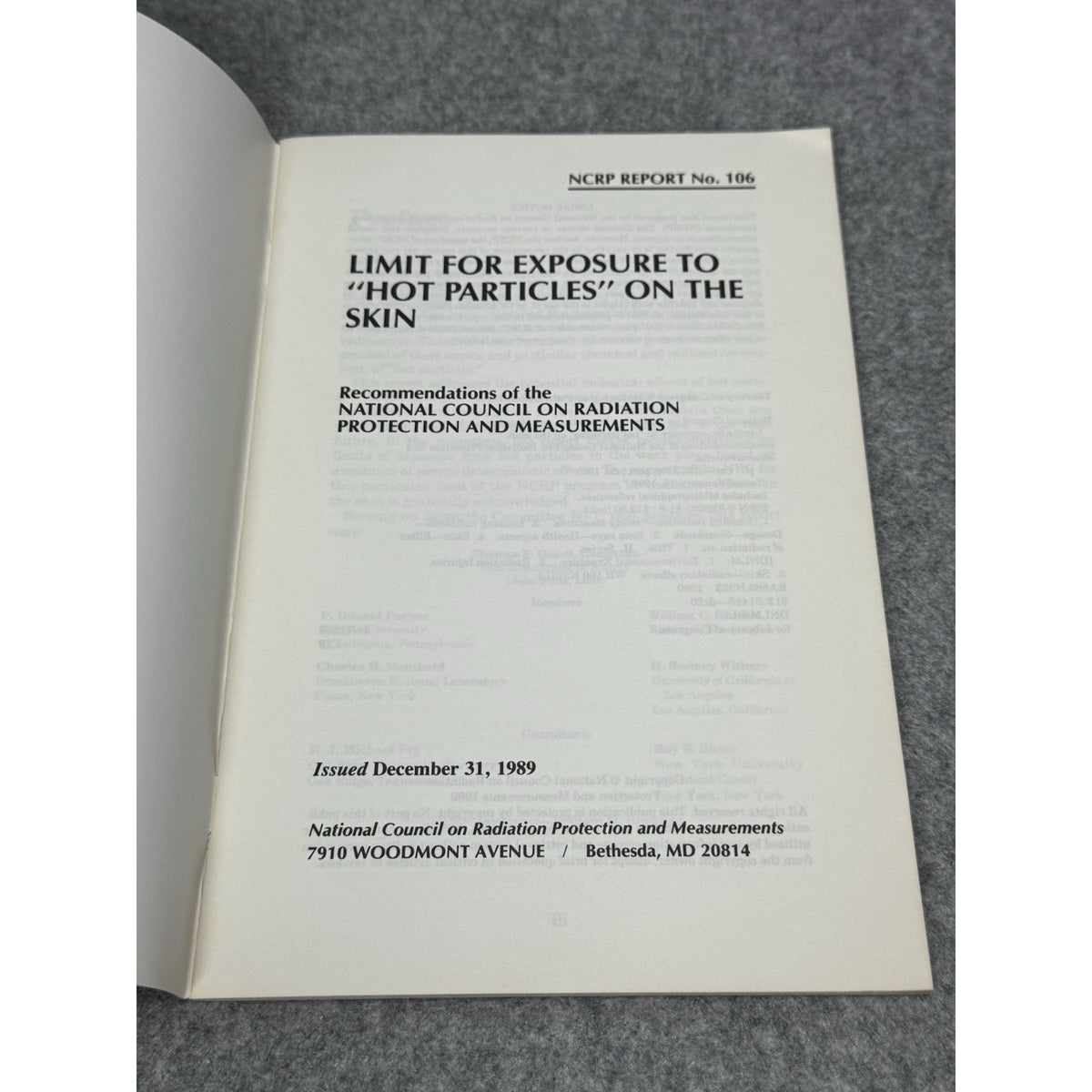 Limit for Exposure to Hot Particles on the Skin NCRP Report 106 1989