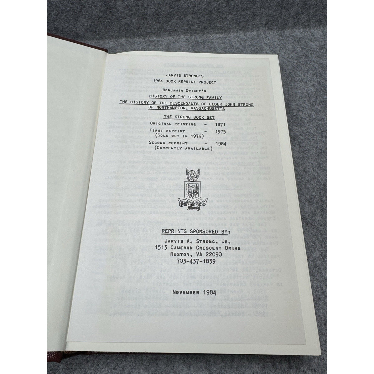 Dwight Strong Family History 1984 2 Vol + 1989 Jedediah Update Genealogy
