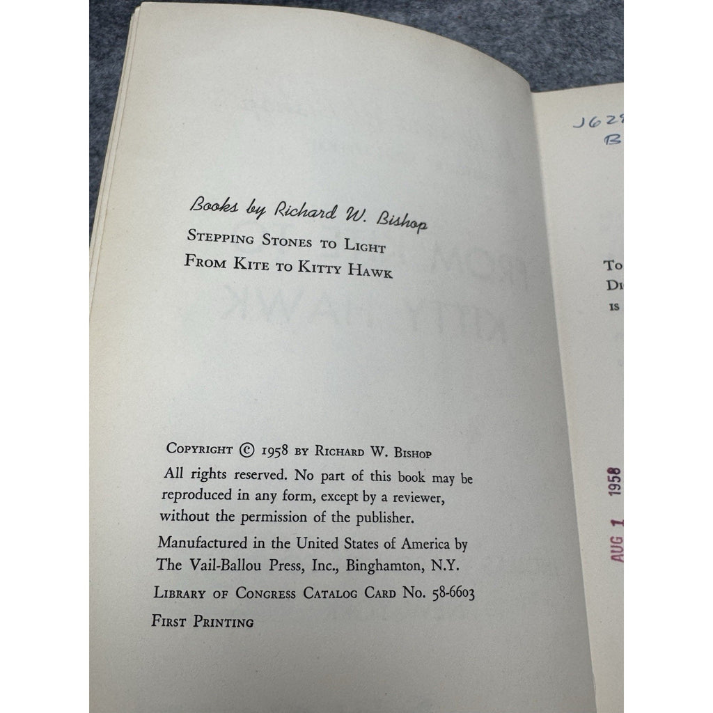 1958 From Kite to Kitty Hawk Richard Bishop First Printing Aviation History