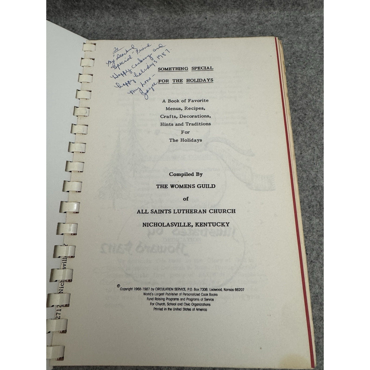 1987 Something Special for the Holidays Cookbook Nicholasville KY Christmas