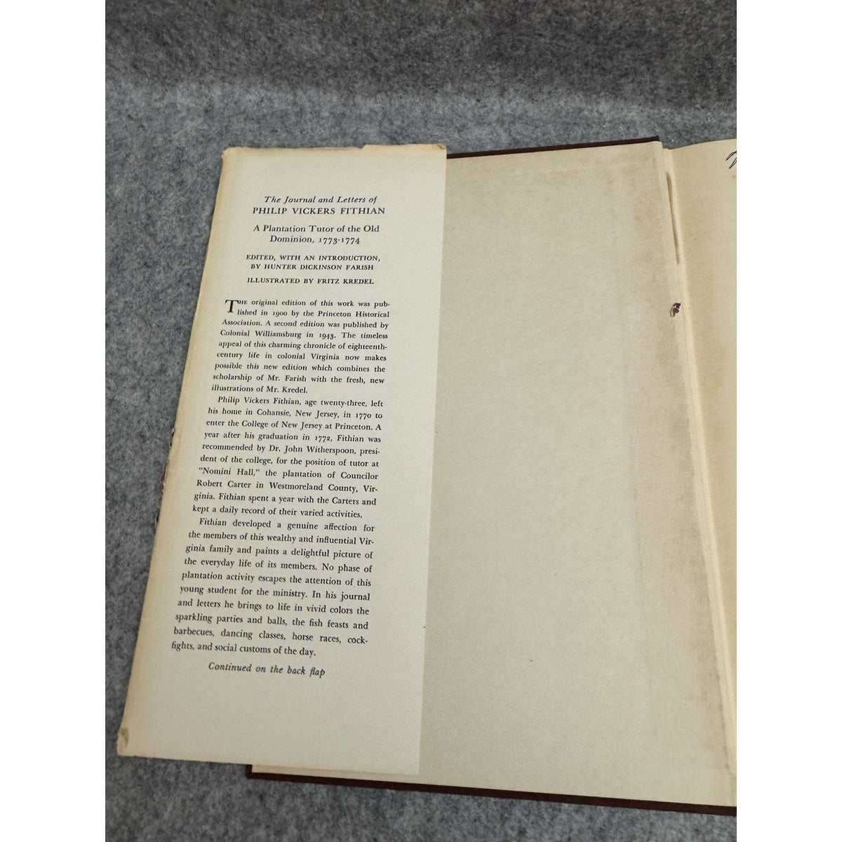 1957 Journal & Letters of Philip Vickers Fithian Plantation Tutor VA HC