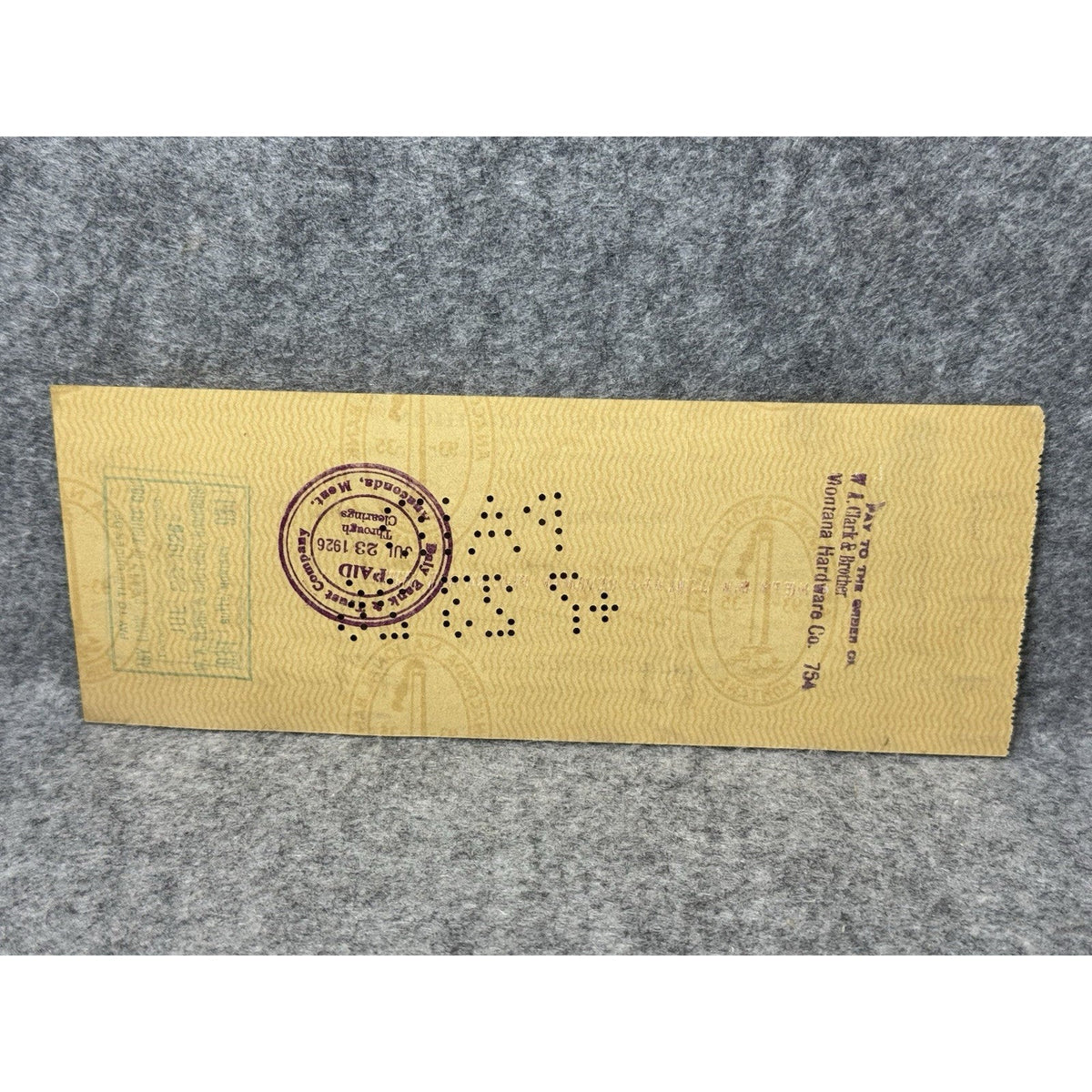 1926 Anaconda Montana Bank Check Washoe Smelter Chris Marchion Hardware