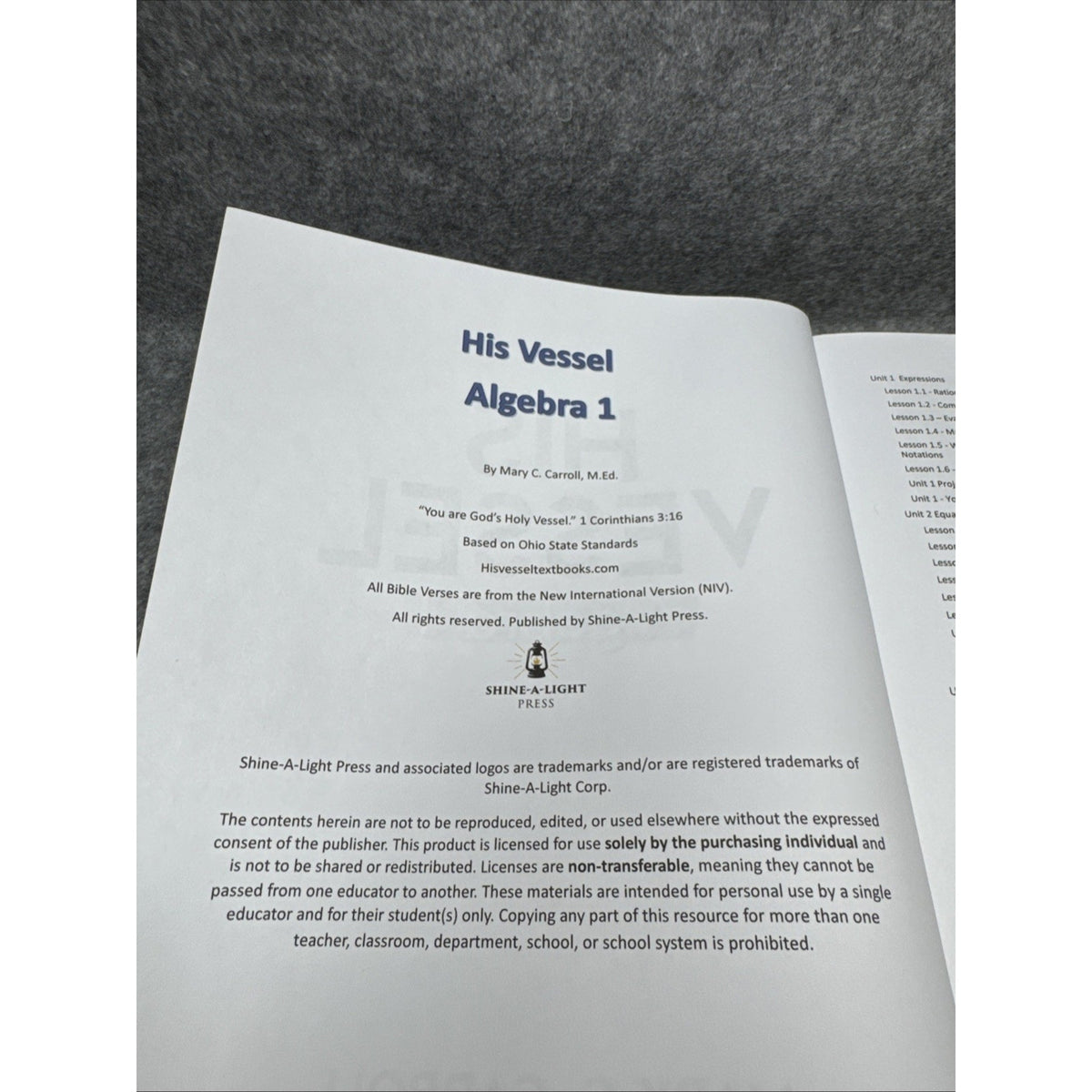 His Vessel: Algebra 1 Textbook Only, Mary C Carroll - Christian Homeschool Math