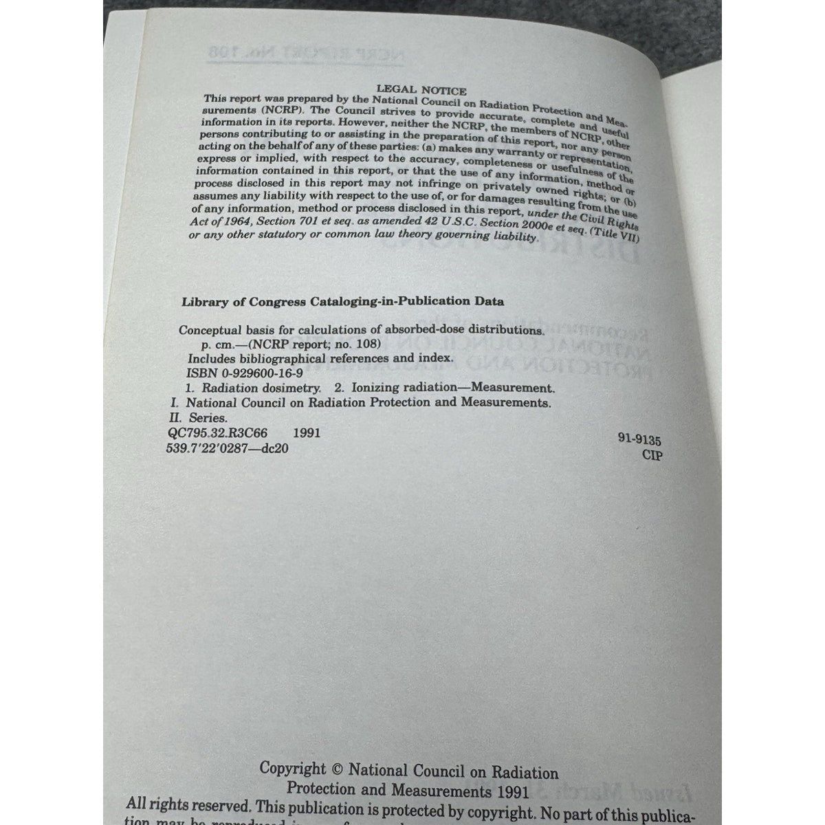 NCRP Report 108 Absorbed-Dose Distributions Radiation Dosimetry Physics