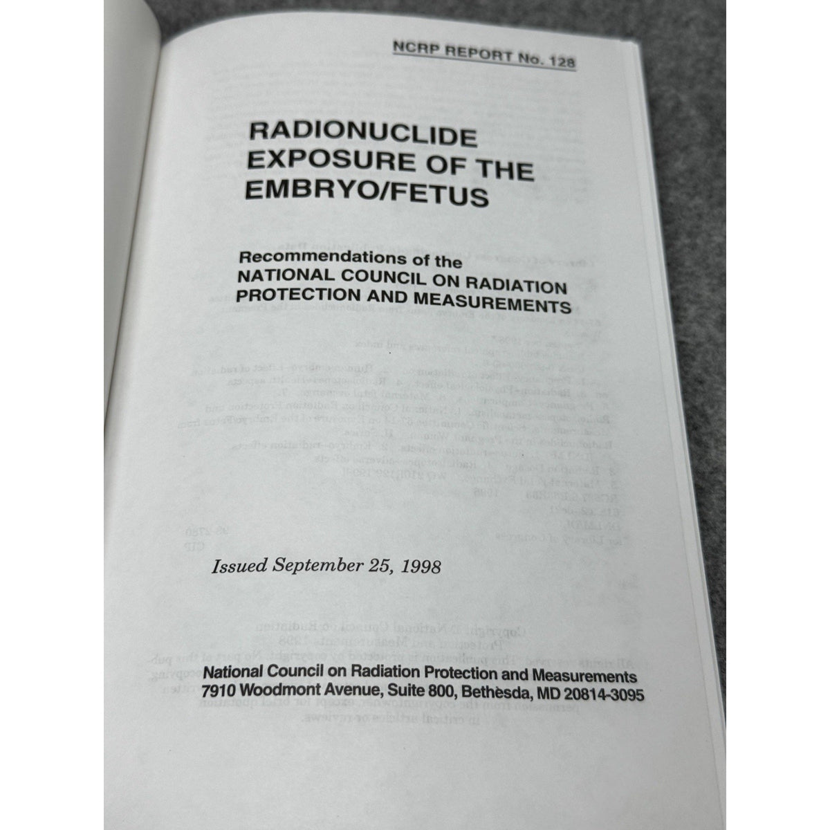 NCRP Report 128 Radionuclide Exposure Embryo Fetus Radiation Safety