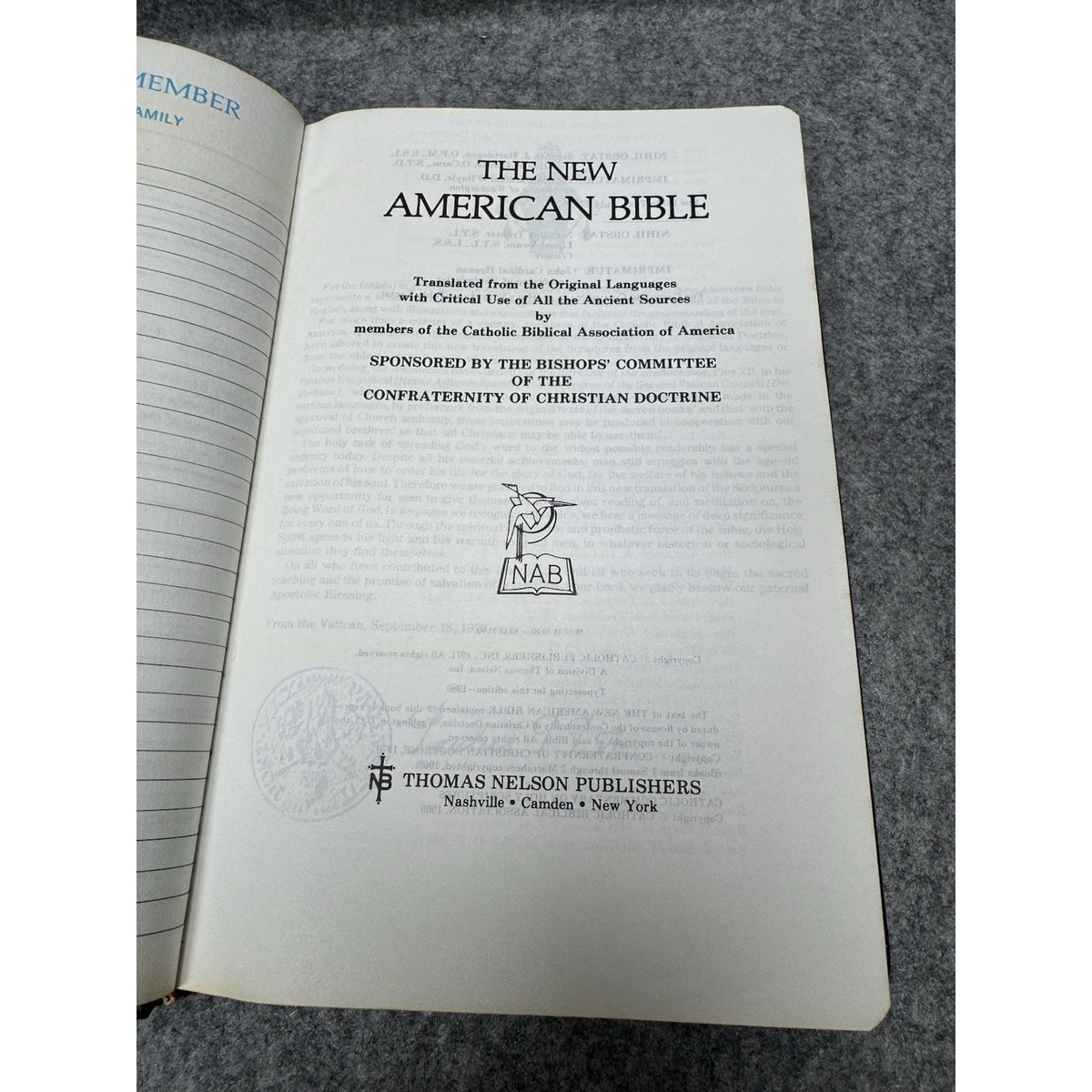 Vintage New American Bible Catholic Edition Family Study Bible Nelson 9053