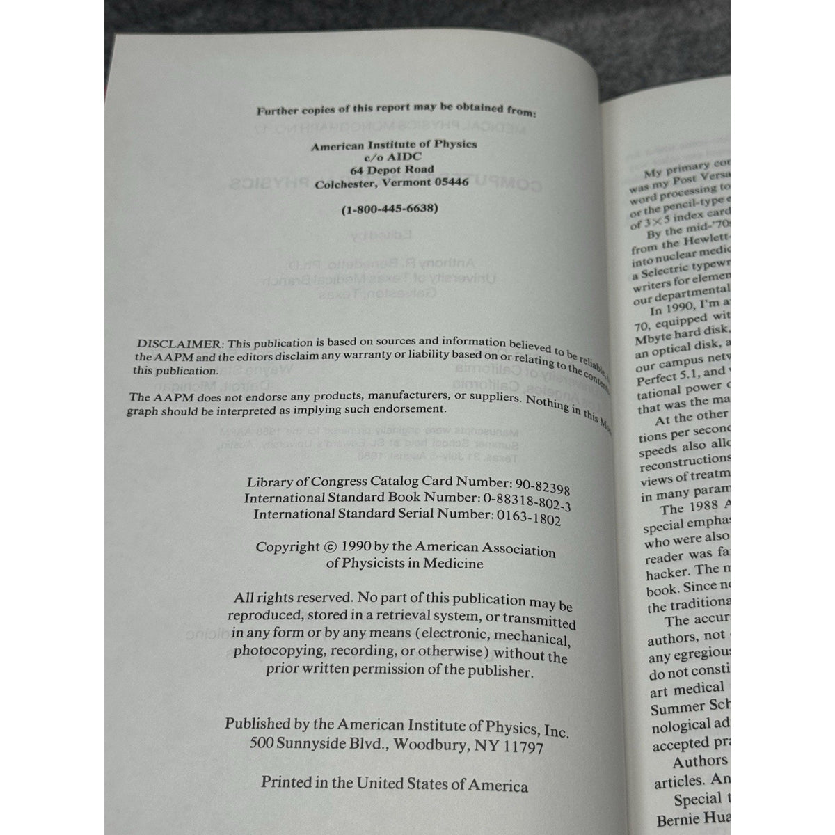 Computers in Medical Physics AAPM Monograph 17 Benedetto 1990 HC DJ