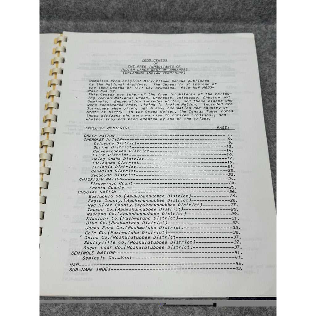 1984 1860 Census Indian Lands West of Arkansas Oklahoma Territory Genealogy
