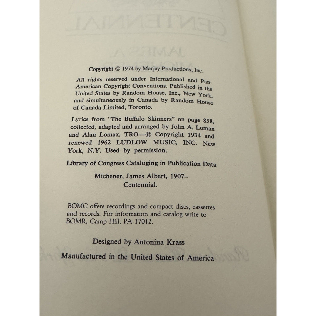 Centennial James A Michener 1974 HC Dust Jacket Random House Vintage Cover